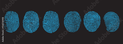 Detailed blue fingerprint scan vector elements. Biometric identification icons for digital privacy, forensic analysis, and security background.
