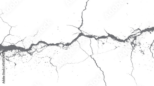 Cracked grunge texture vector design element. Broken concrete surface with fracture lines and distressed damage effect on white background art.
