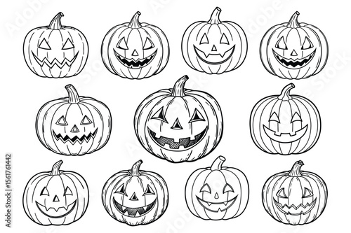 Hand drawn sketch of a halloween pumpkin with intricate line art on a clean white background
