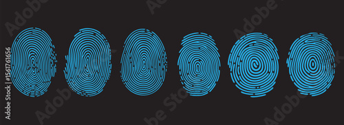 Distorted blue fingerprint vector set on dark background. Abstract biometric print design for cyber security, forensic identity scan art.
