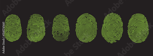 Green fingerprint scan vector icons set. Biometric identification pattern design for digital security, privacy, and forensic access analysis.
