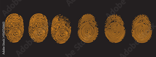 Orange fingerprint vector collection on dark background. Biometric identity scan symbols for digital security and forensic technology concept.
