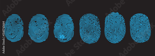 Blue fingerprint pattern set vector illustration. Unique biometric identity scan concept on dark background. Security forensic technology art.
