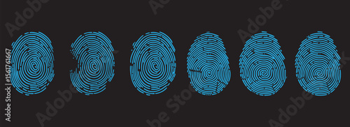 Blue fingerprint pattern set vector illustration. Unique biometric identity scan concept on dark background. Security forensic technology art.
