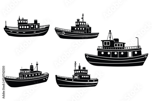 Collection of diverse tug boat silhouettes for maritime design projects