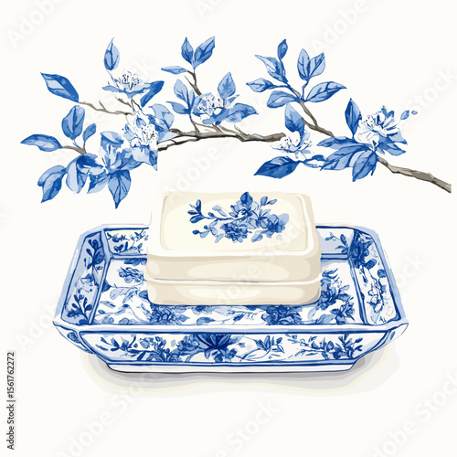 Elegant blue and white porcelain dishware with floral design  