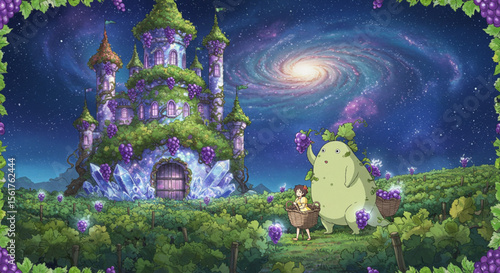 Enchanted Grapevine Castle Fantasy Art of a Magical Vineyard Under a Cosmic Sky