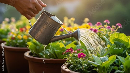 Watering Flowers: Close-Up of Hand Pouring Water from Vintage Watering Can