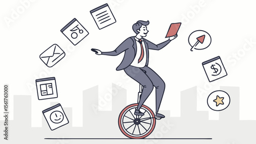 Multitasking businessman balancing documents with focus, creativity, and agility, showcasing unique skills, innovation, coordination, and professional success