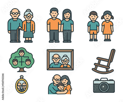 Family Icons Grid. Flat icon set of multigenerational family photo themes: grandparents, parents, kids, family