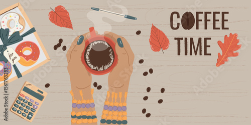 Coffee time. Vector image of coffee in hands, sweets and beans on a wooden table. Top view. Banner with place for your text. Modern art with stylish brush