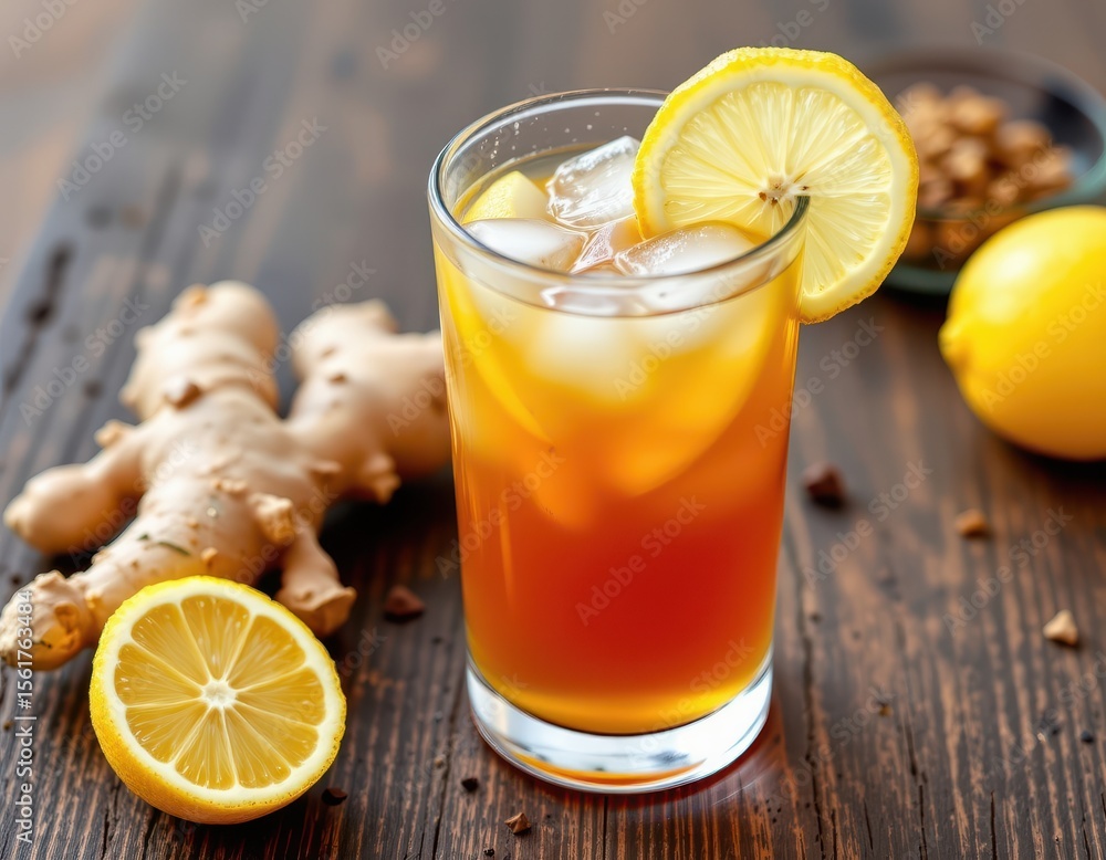 Fototapeta premium share how fresh ginger and lemon iced tea stimulates the senses and combats heat induced exhaustion.