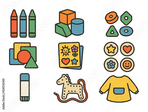 Craft Toys Icons. Flat icon set of craft toys for toddlers: jumbo crayons, foam blocks, chunky beads, paper