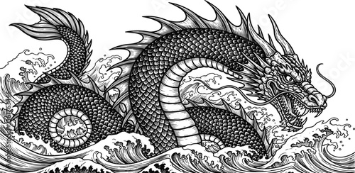 Woodcut illustration of a sea serpent. Vintage grunge vector design element for artworks, poster, cards, web and collages.