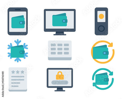 Digital Wallet Icons. Flat icon set of digital wallets: mobile wallet, desktop wallet, hardware wallet, cold