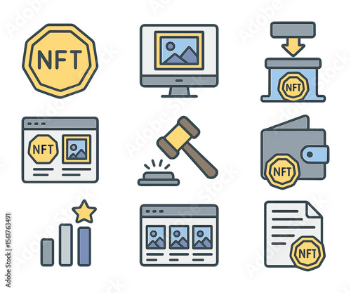 NFT Icon Set. Flat icon set of NFT technology: NFT token, digital artwork, minting process, NFT marketplace,
