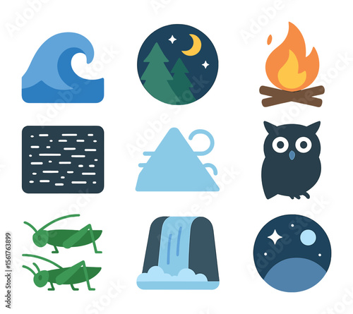 Sleep Soundscapes Icons. Flat icon set of soundscapes for sleep: ocean wave icon, forest at night, crackling