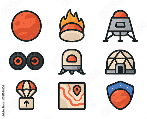 Mars Mission Icons. Flat icon set of private Mars missions: red planet, heat shield, Mars lander, terrain