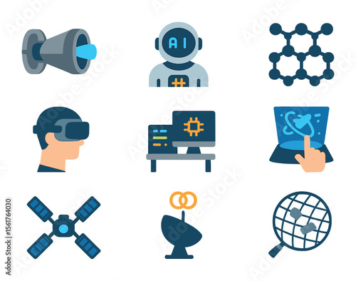 Futuristic Space Tech Icons. Flat icon set of futuristic private space tech: plasma engine, AI astronaut, nano