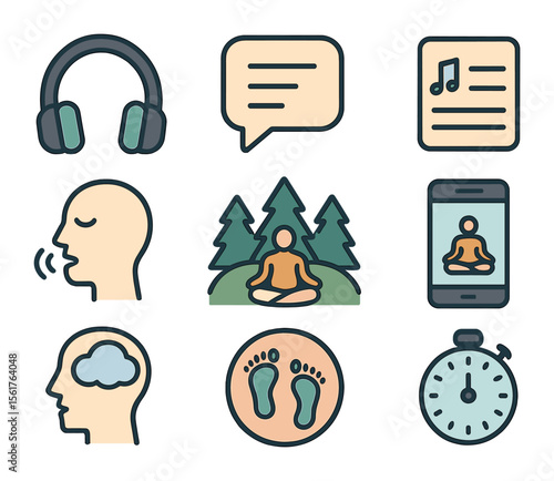 Guided Meditation Icons. Flat icon set of guided meditation: headphones, narration bubble, meditation playlist
