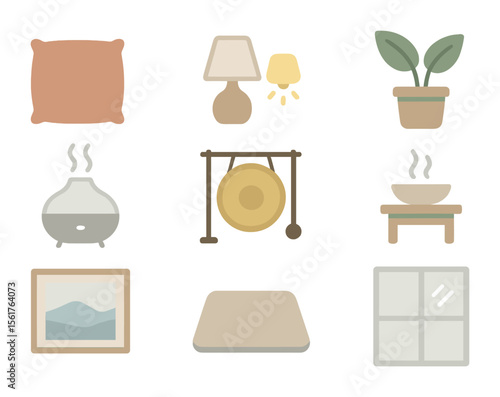 Breathing Room Icons. Flat icon set of breathing room setup: soft cushion, ambient lighting, indoor plant,