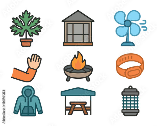 Evening Protection Icons. Flat icon set of evening outdoor protection: citronella plant, screened porch, fan