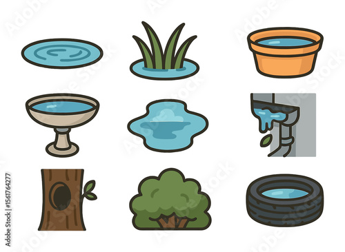 Mosquito Habitat Icons. Flat icon set of mosquito habitat visuals: stagnant water, swamp grass, open container