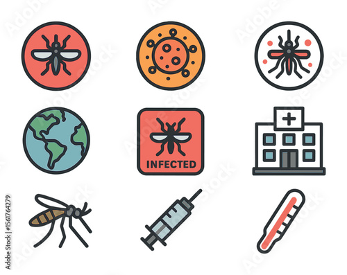 Mosquito Disease Icon Set. Flat icon set of mosquito-related diseases: dengue icon, Zika virus, malaria symbol