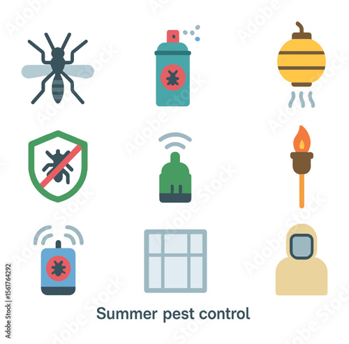 Summer Pest Control Icons. Flat icon set of summer pest control: mosquito icon, ant spray, wasp deterrent,