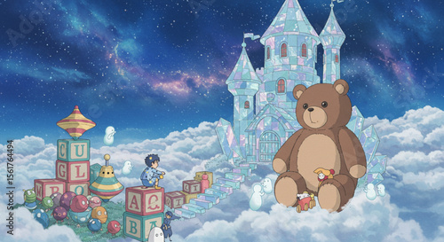 Enchanted Cloud Kingdom A whimsical illustration of a boy playing with toys near an ice castle and a giant teddy bear amongst the clouds