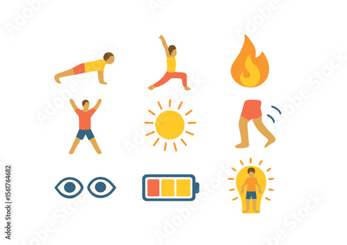 Energizing Yoga Icons. Flat icon set of energizing yoga: plank pose, high lunge, breath of fire symbol,