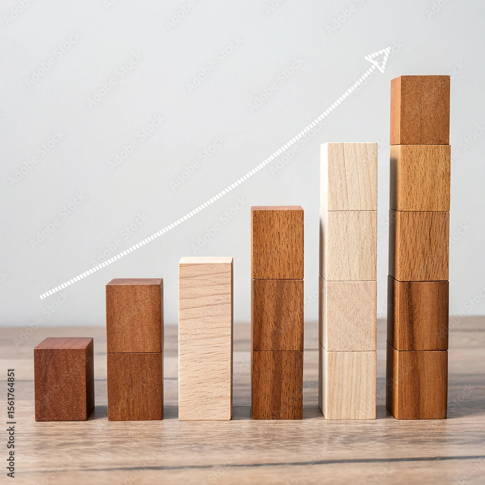 Fototapeta premium Wooden Block Bar Chart Showing Positive Growth 