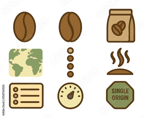 Coffee Icon Grid. Flat icon set of espresso bean varieties: Arabica bean, Robusta bean, blend bag, origin map,