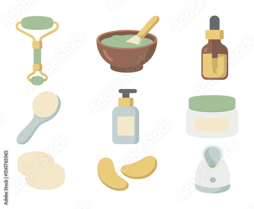 Spa Skincare Icons. Flat icon set of spa skincare rituals: face roller, clay mask bowl, serum dropper,