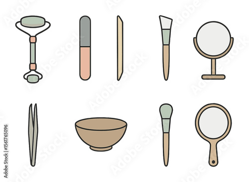 DIY Spa Tools. Flat icon set of DIY spa tools: jade roller, nail file, cuticle stick, pumice stone, mixing