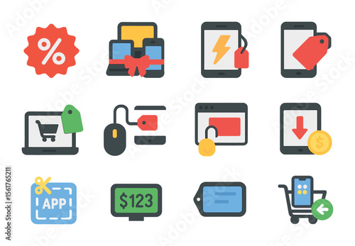 Tech Gadget Icons. Flat icon set of tech gadgets on sale: electronics sale badge, gadget bundle icon, flash