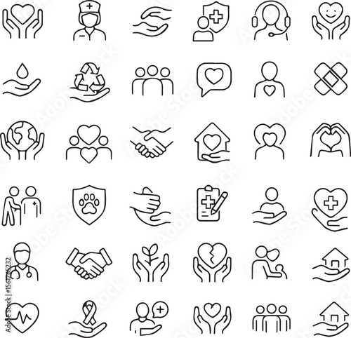 Care & Support Line Icons – Medical, Emotional Help, Charity & Community Set