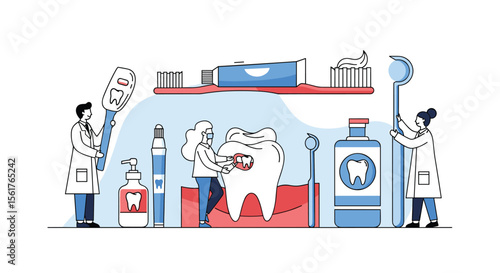 Dental Professionals Caring for a Giant Tooth Demonstrating Oral Hygiene Practices and Tools