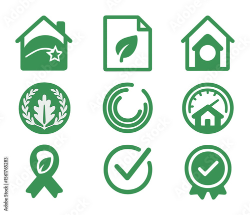 Green Home Certification Icons. Flat icon set of green home certifications: Energy Star badge, LEED