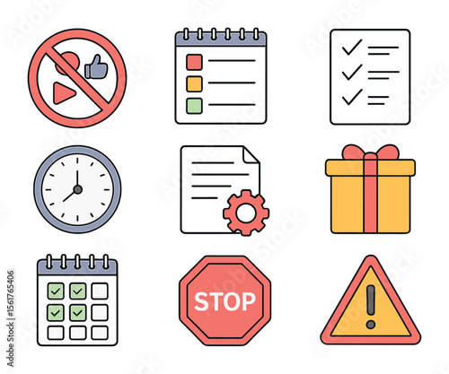 Self-Discipline Icons. Flat icon set of self-discipline practices: crossed-out distractions, daily plan,
