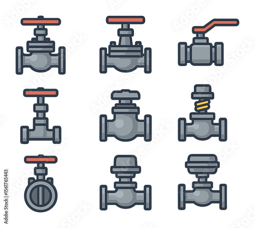 Industrial Valve Icons. Flat icon set of industrial valve types: globe valve, gate valve, ball valve, needle