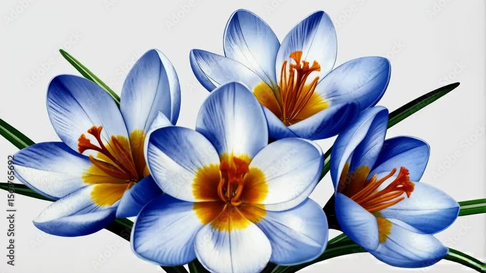 Close-up of elegant white and blue crocus flowers with orange stamens and green leaves on a clean, light background Close-up of elegant white and blue crocus flowers with orange stamens and green leaves on a clean, light background