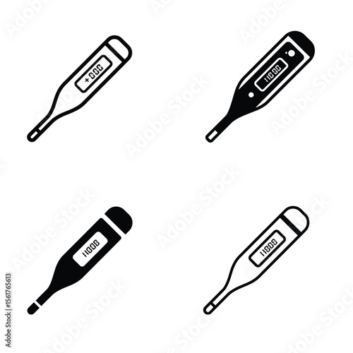 Medical electronic thermometers icon set with digital display, temperature measuring, electric health devices — outline style, black and grey color, vector flat illustration.

