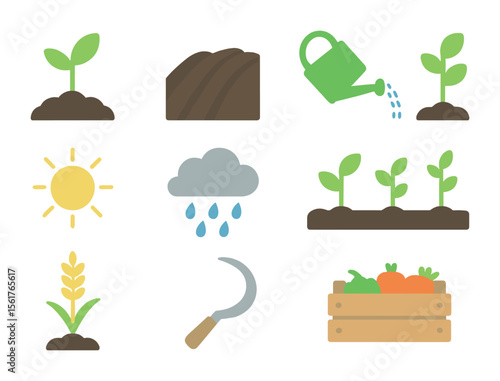 Crop Growth Icons. Flat icon set of crop growing cycle: seedling, plowed soil, watering can, sunshine,