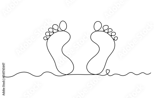 Bare feet with heart and infinity sign drawn in one continuous line. Female footprint in a simple linear style. Foot Massage. Concept of love and cosmetic foot care. Vector editable illustration