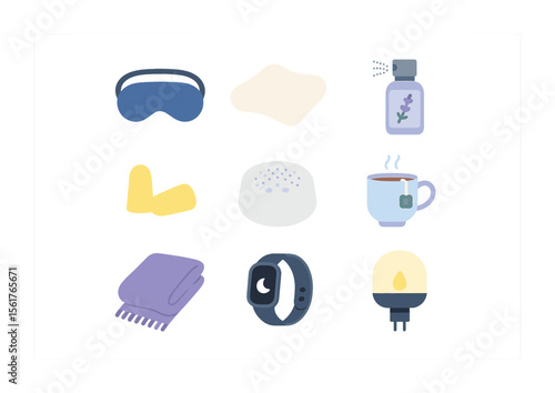 Restful Sleep Icons. Flat icon set of restful sleep essentials: eye mask, memory foam pillow, lavender spray,