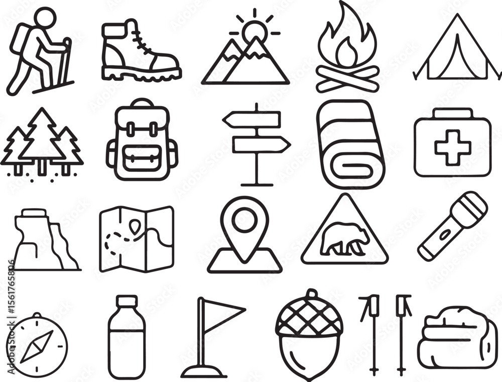Fototapeta premium Collection of outdoor adventure and camping icons with a clean line art style