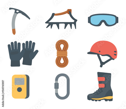 Alpine Climbing Tools Icons. Flat icon set of alpine climbing tools: ice axe, crampons, snow goggles, thermal