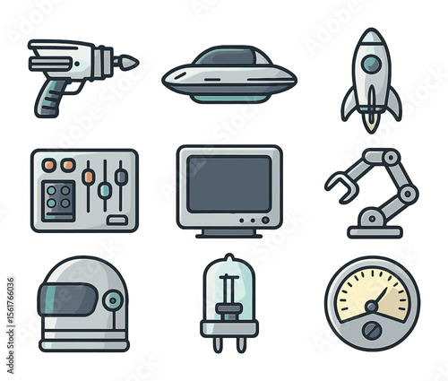 Retro-Futuristic Tech Icons. Flat icon set of retro-futuristic technology: ray gun, hover car, rocket ship,