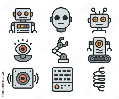 Retro Robot Icons. Flat icon set of retro robots: boxy robot, chrome head, antenna bot, blinking eye, robot